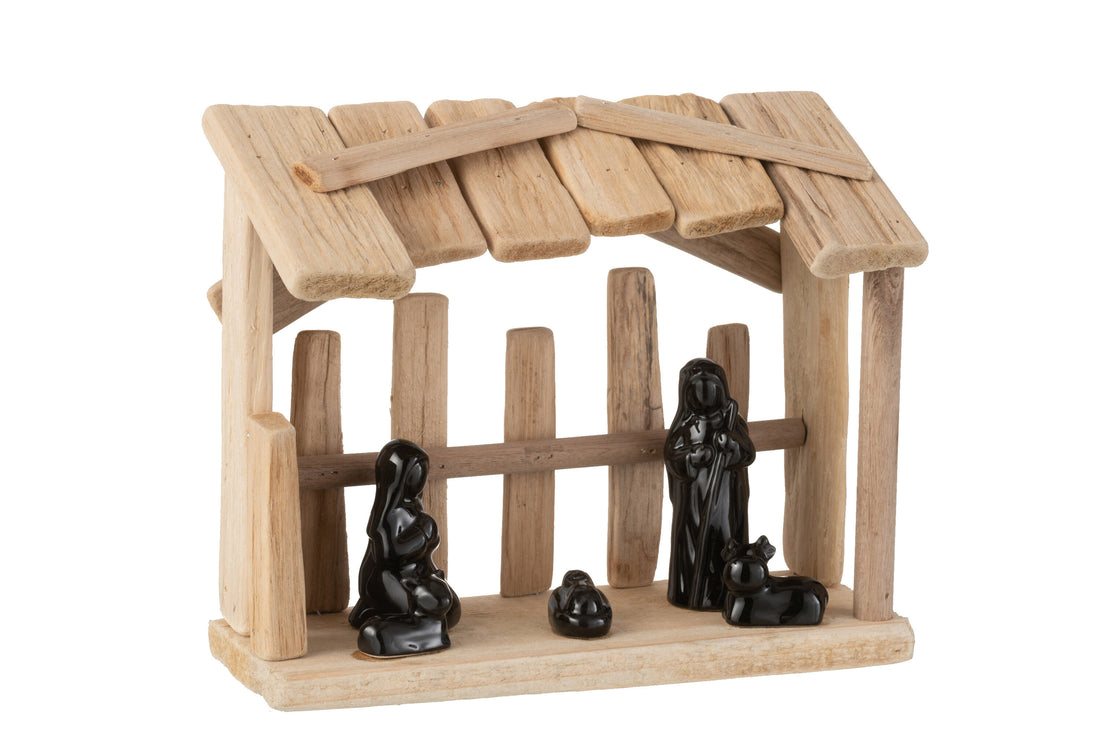 J-Line kerstdecoratie - hout/keramiek - naturel