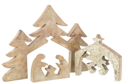 J-Line Puzzel Kerststal Mango Hout Glitter L