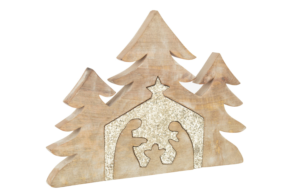 J-Line Puzzel Kerststal Mango Hout Glitter L
