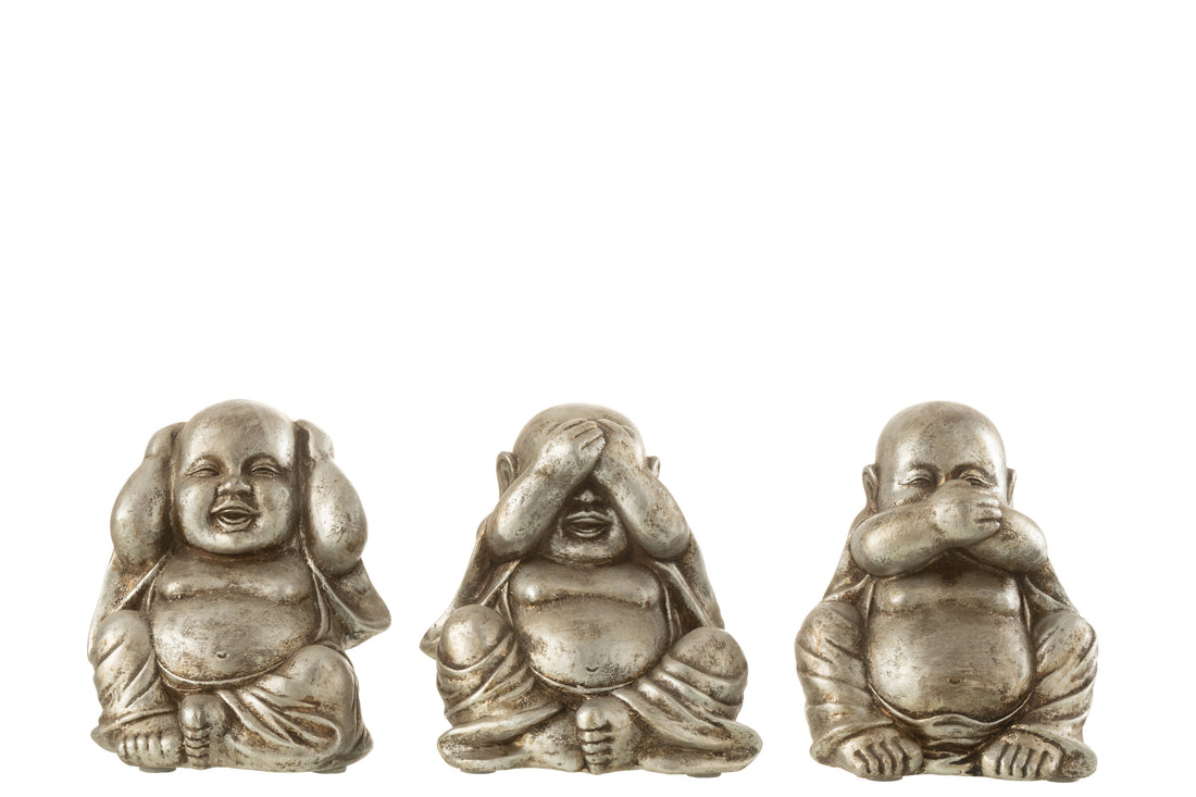 Buddah Zittend 3 Stuks Zien/Horen/Spreken Poly Zilver Assortiment Van 3