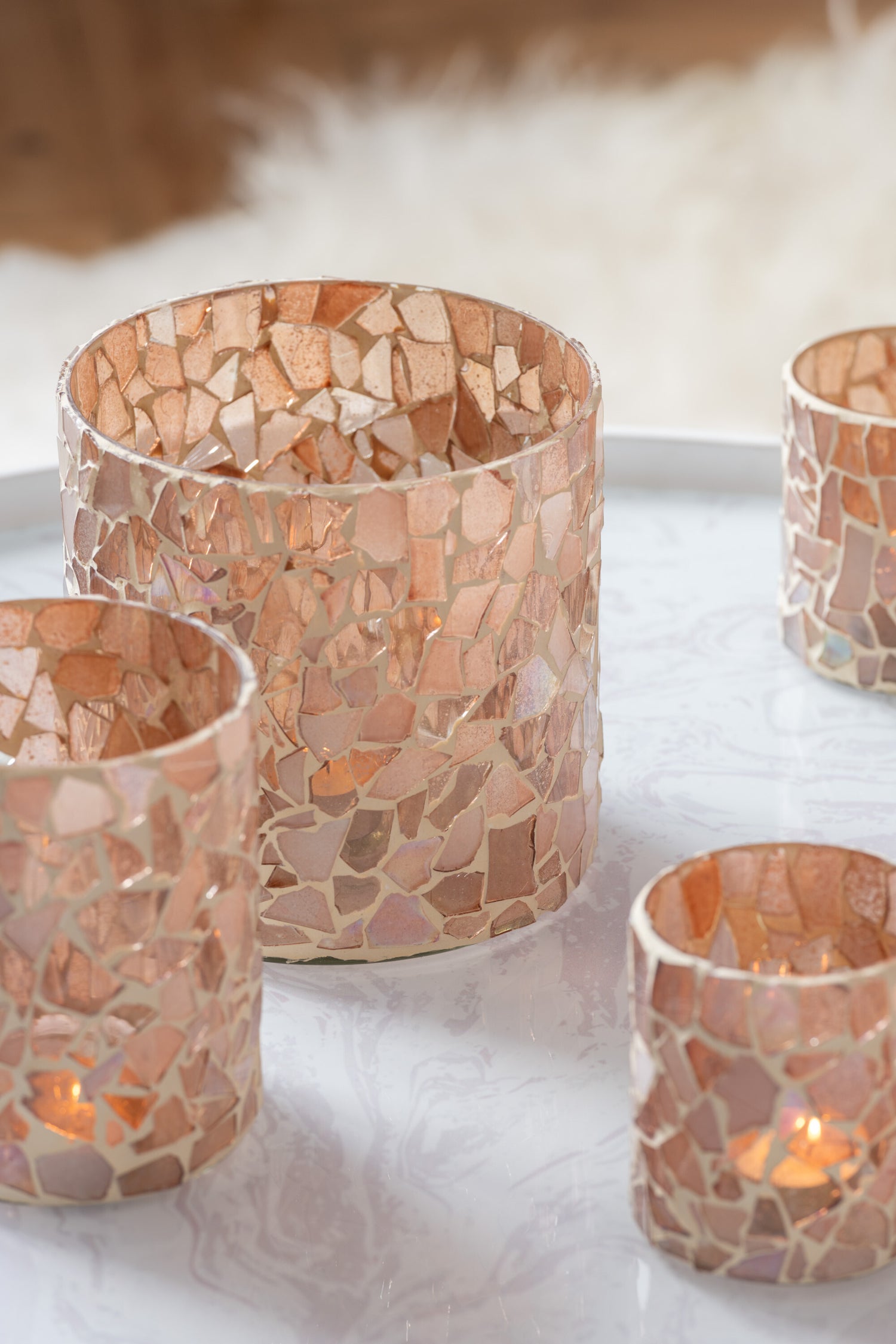 Windlicht Mozaiek Glas Beige Medium