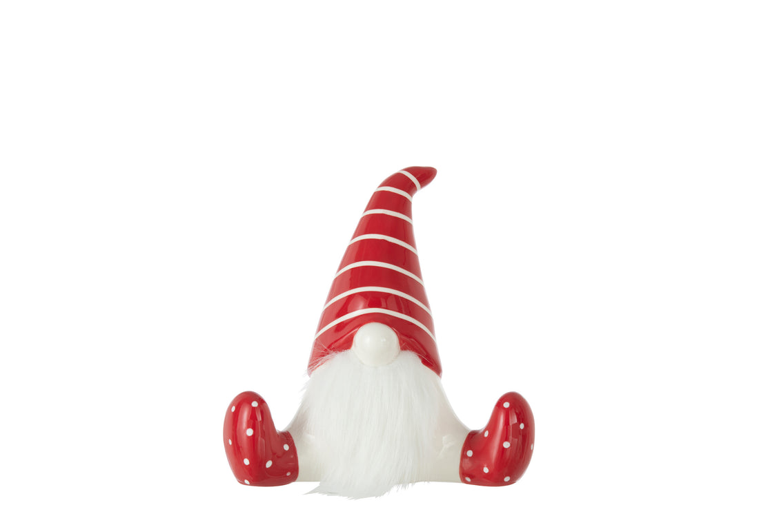 Keramische Kerstman Zittend Rood/Wit Middelgroot