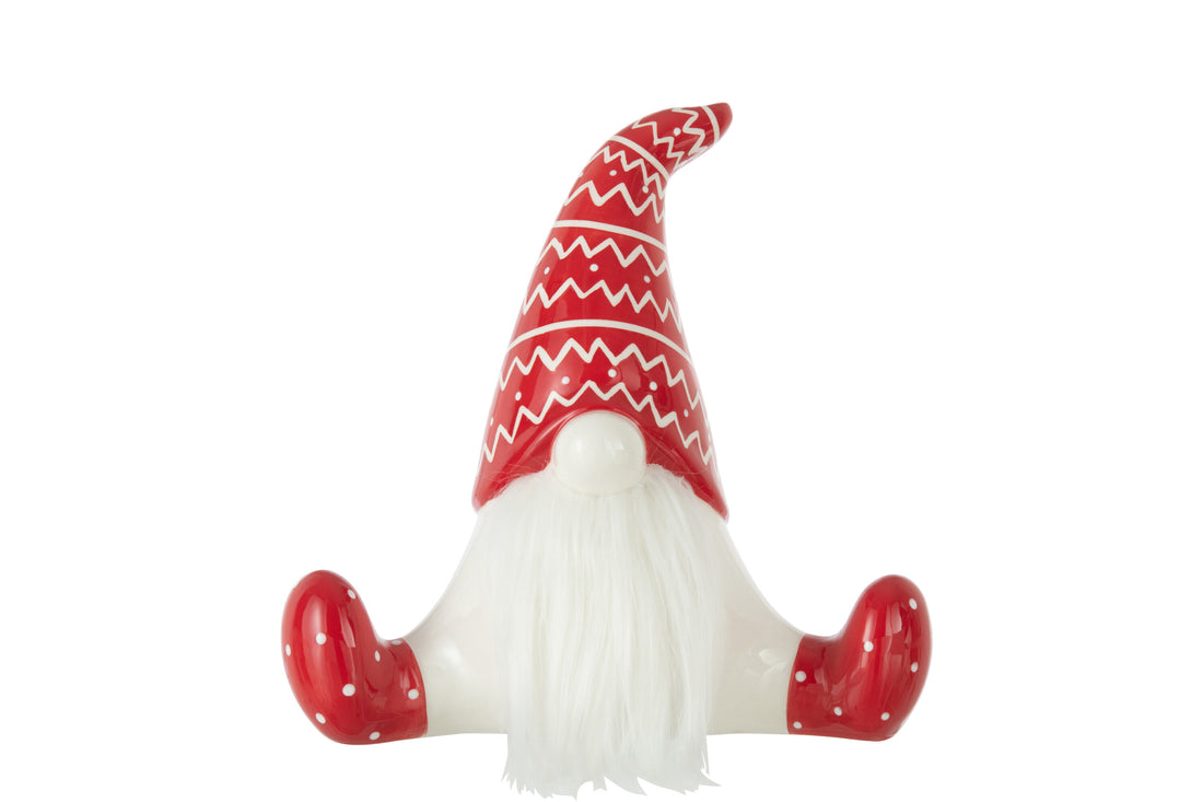Keramische Kerstman Zittend Rood/Wit Groot