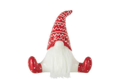 Keramische Kerstman Zittend Rood/Wit Groot