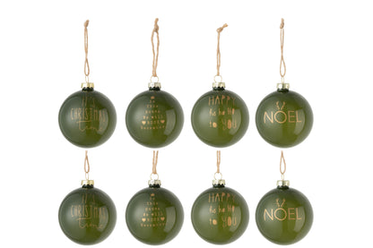 J-Line Box Of 8 Christmas Baubles Text Xmas Glass Matte Green