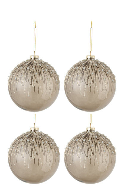 J-Line Box Of 4 Christmas Baubles Pearls Glitter Glass Grey Large