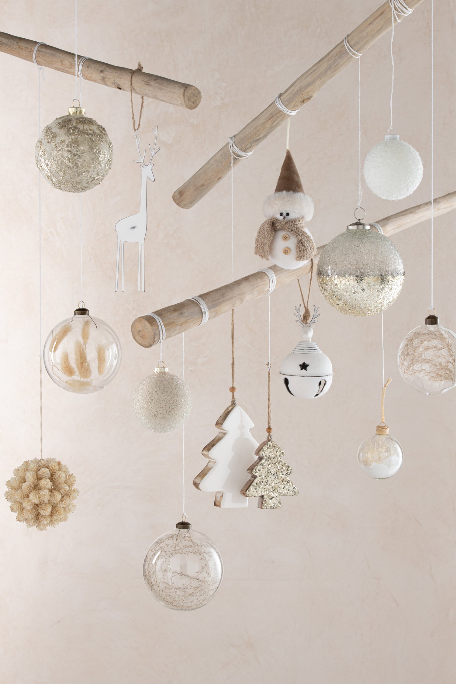 J-Line Box Of 4 Christmas Baubles Round Flat Dried Haretail Beige Transparent Medium