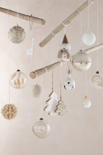J-Line Box Of 4 Christmas Baubles Round Flat Dried Haretail Beige Transparent Medium