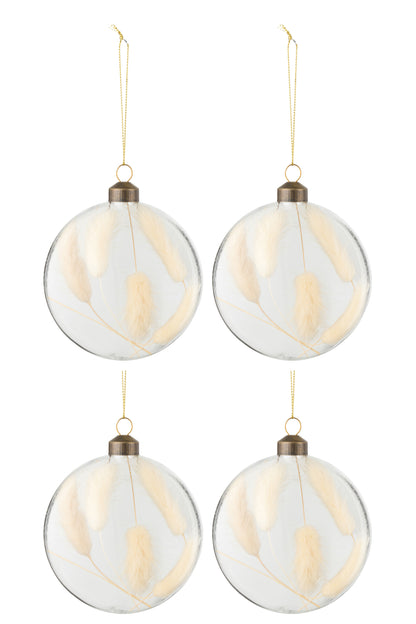 J-Line Box Of 4 Christmas Baubles Round Flat Dried Haretail Beige Transparent Medium