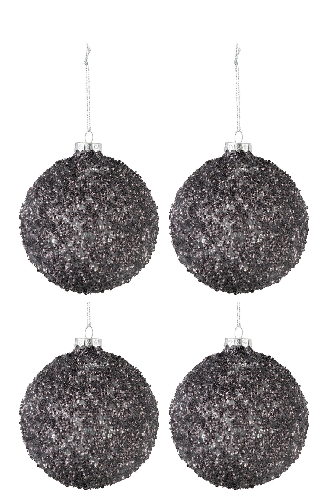 Doos van 4 kerstballen glitterglas antraciet grijs medium