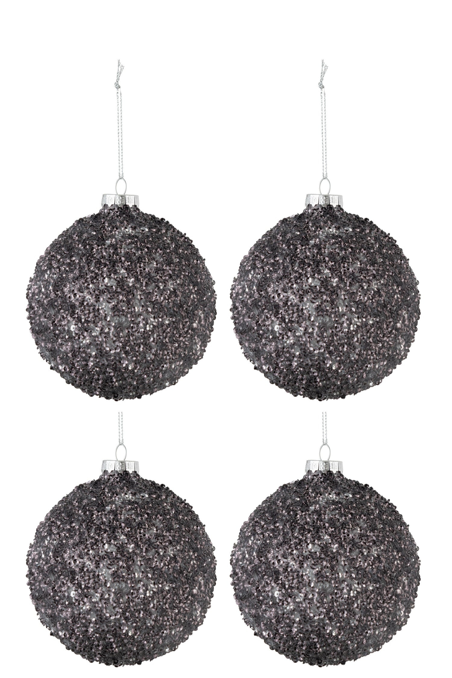 Doos van 4 kerstballen glitterglas antraciet grijs medium