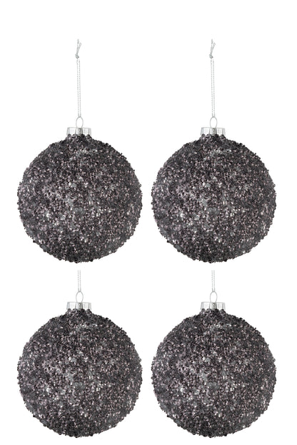 Doos van 4 kerstballen glitterglas antraciet grijs medium