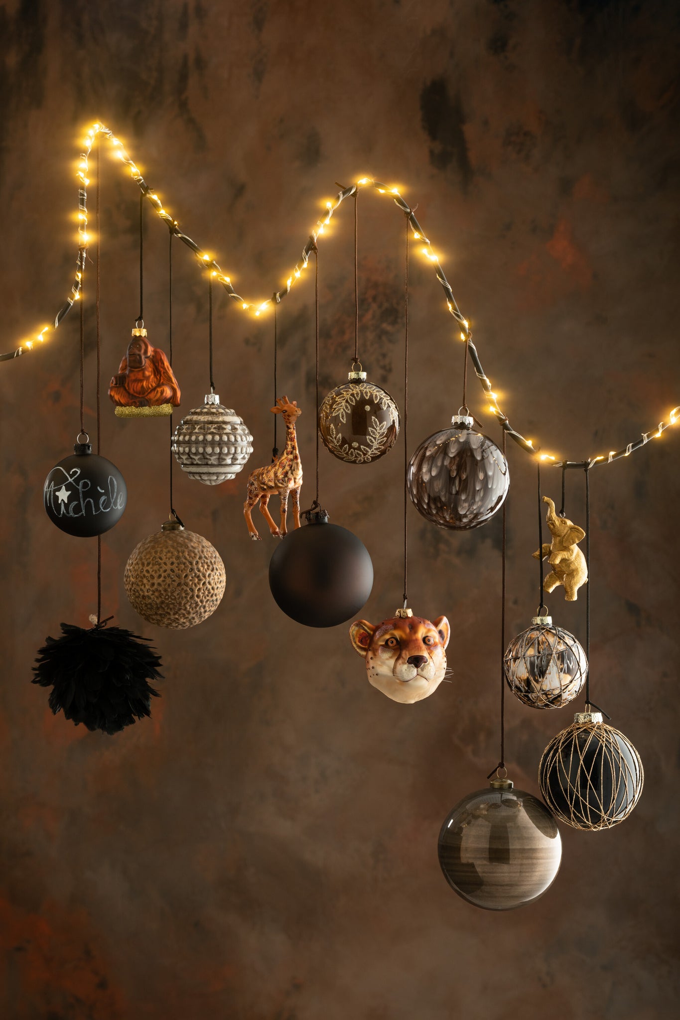 J-Line Doos met 6 kerstballen Touwen Glas Zwart/Brons/Grijs Klein