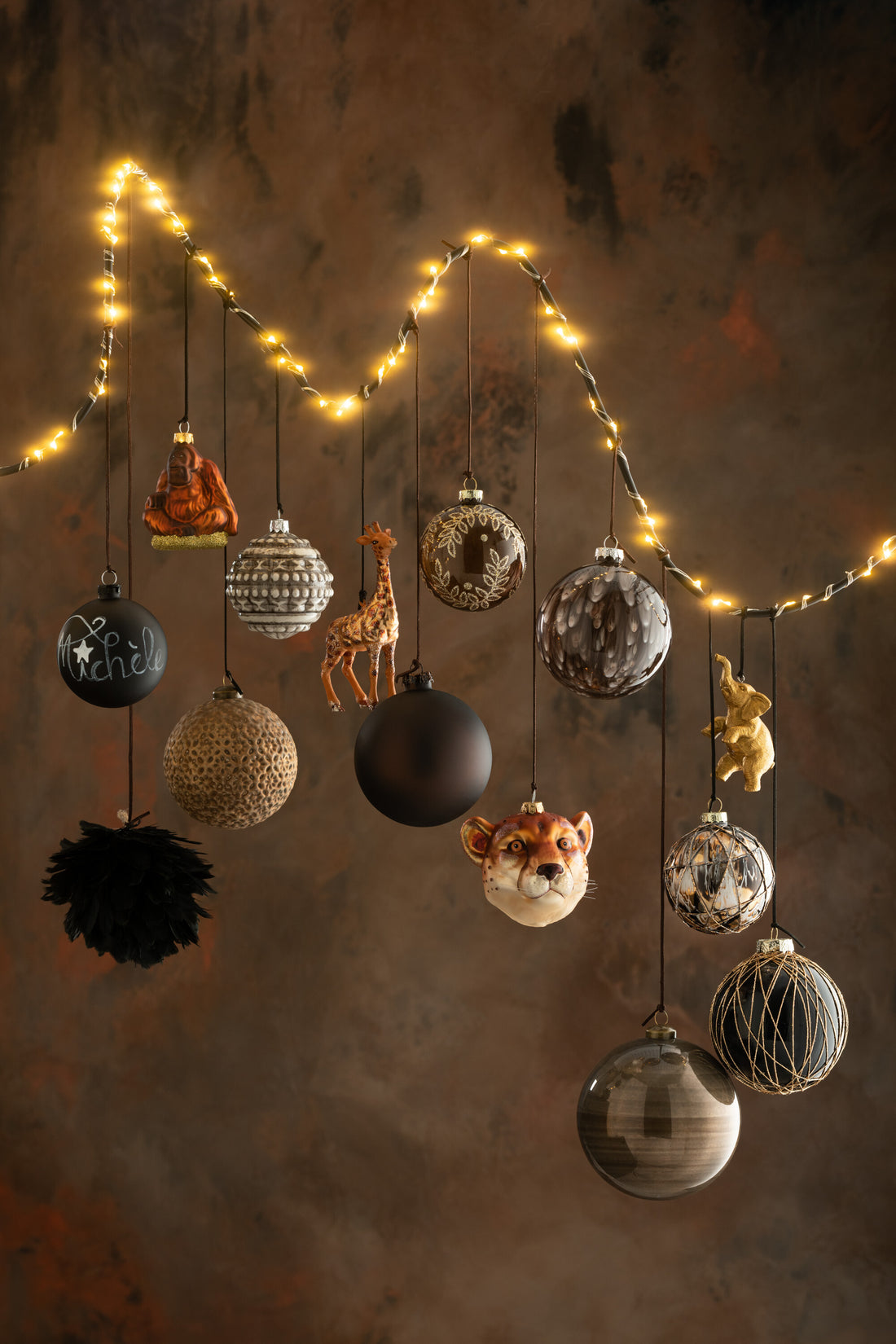 J-Line Doos met 6 kerstballen Touwen Glas Zwart/Brons/Grijs Klein