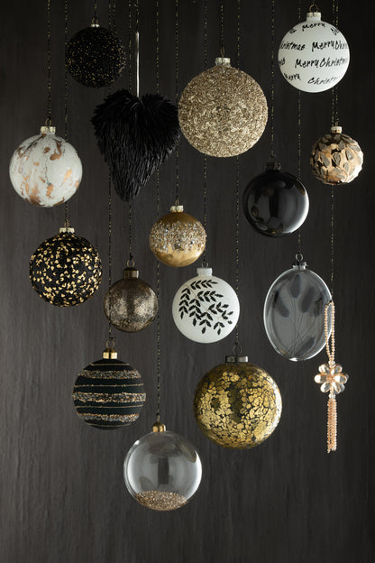 Box Of 4 Christmas Baubles Glitter Sequins Glass Black Gold Medium