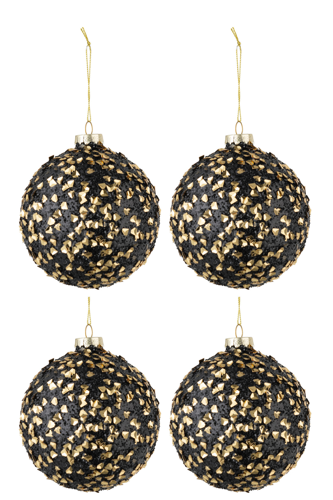 Box Of 4 Christmas Baubles Glitter Sequins Glass Black Gold Medium