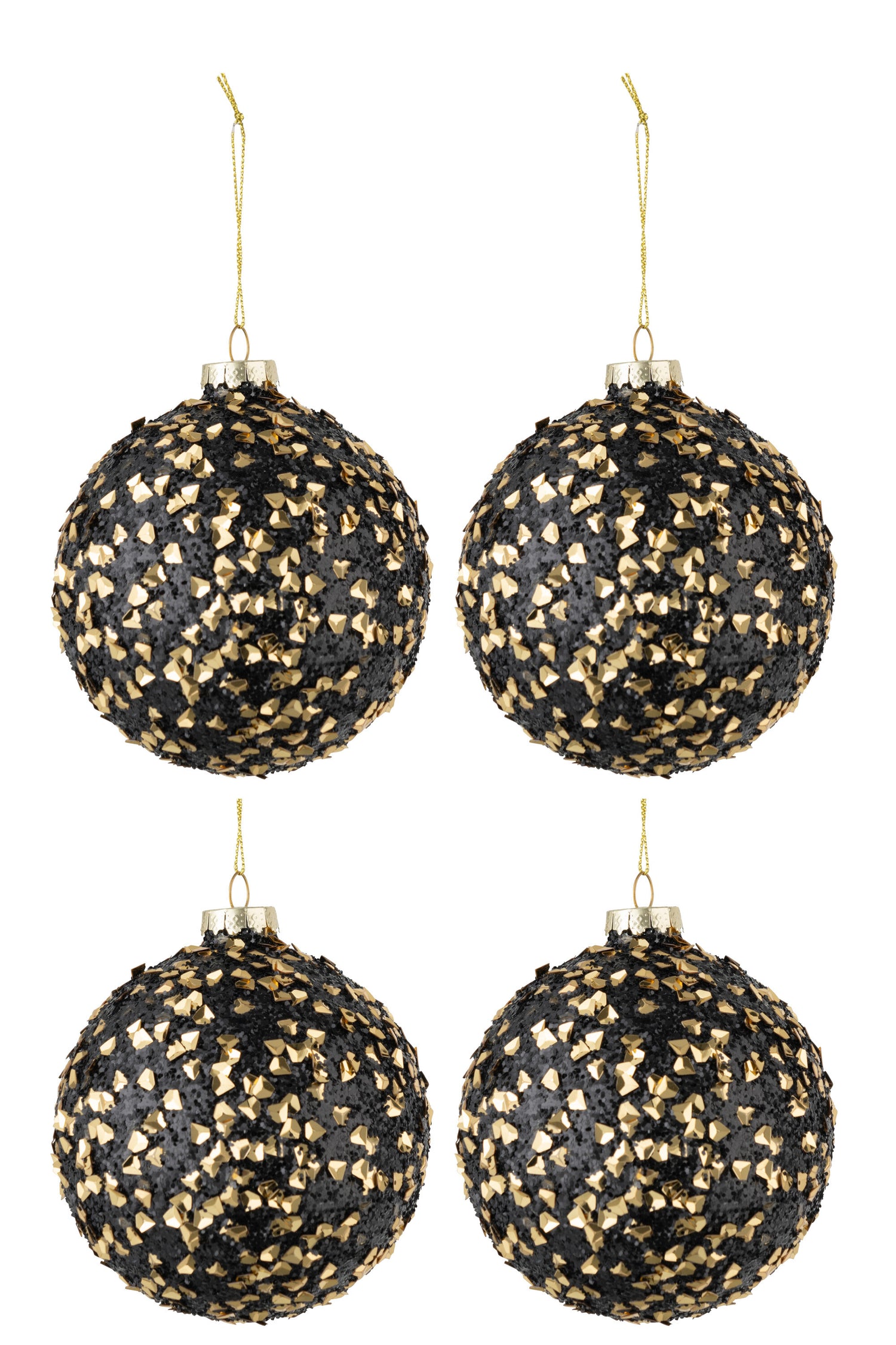 Box Of 4 Christmas Baubles Glitter Sequins Glass Black Gold Medium
