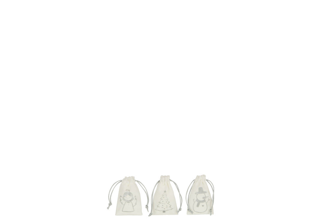 J-Line Tas Kerstmix Fluweel Wit/Zilver Extra Klein Assortiment Van 3