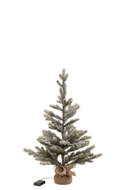 J-Line Christmas Tree Snowy+Led+Battery In Pot Jute Plastic Green Medium