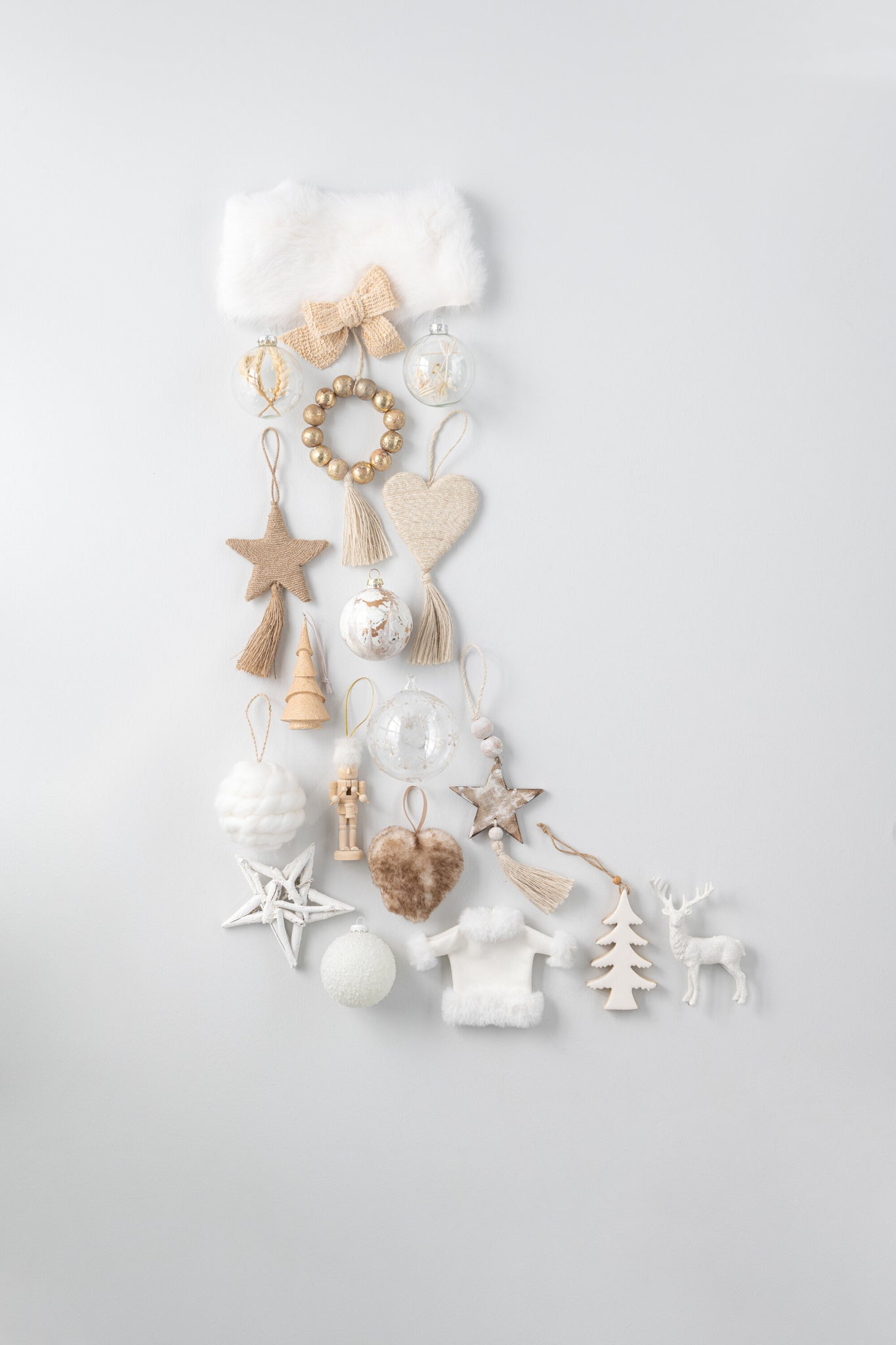 J-Line Doos met 6 kerstballen 3+3 gedroogde takken Beige glas transparant klein