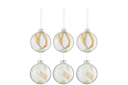J-Line Doos met 6 kerstballen 3+3 gedroogde takken Beige glas transparant klein