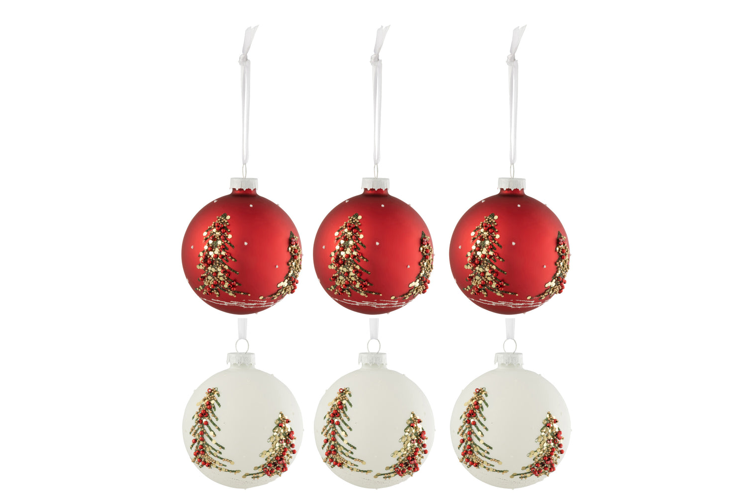 J-Line Box Of 6 Christmas Baubles Christmas Trees Glitters Glass White/Red Small