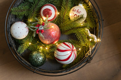 Box Of 6 Christmas Baubles Snowflakes Glitter Glass White/Red Small