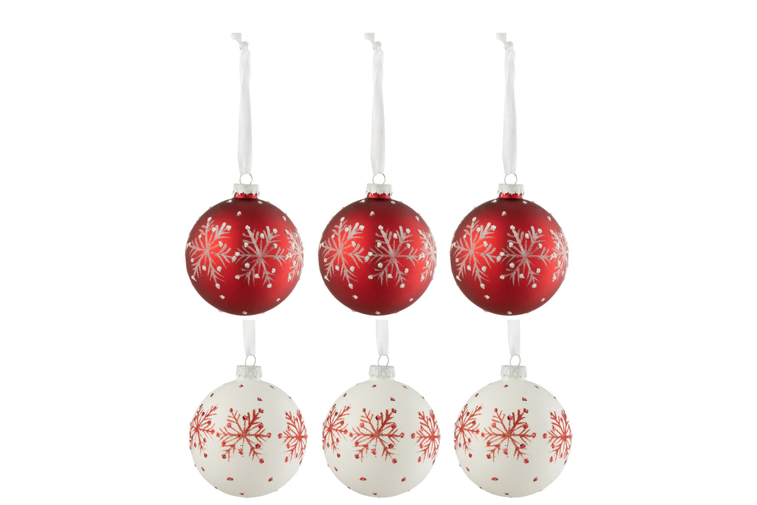 Box Of 6 Christmas Baubles Snowflakes Glitter Glass White/Red Small