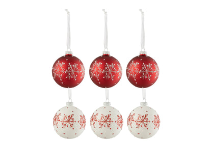 Box Of 6 Christmas Baubles Snowflakes Glitter Glass White/Red Small