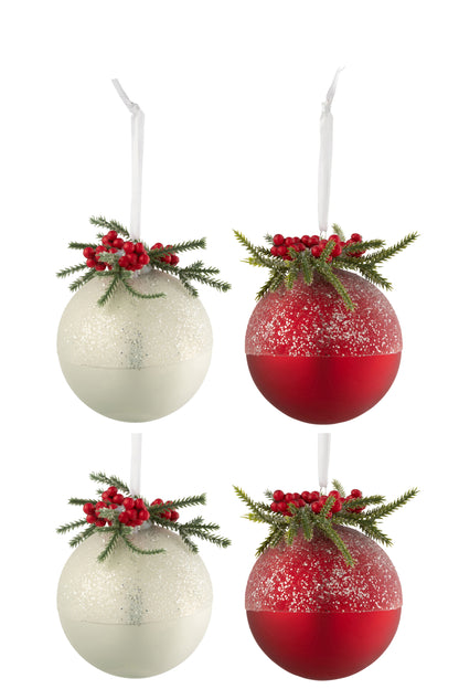 J-Line Box Of 4 Christmas Baubles Christmas Deco+Berries Sugar Glass White/Red Small