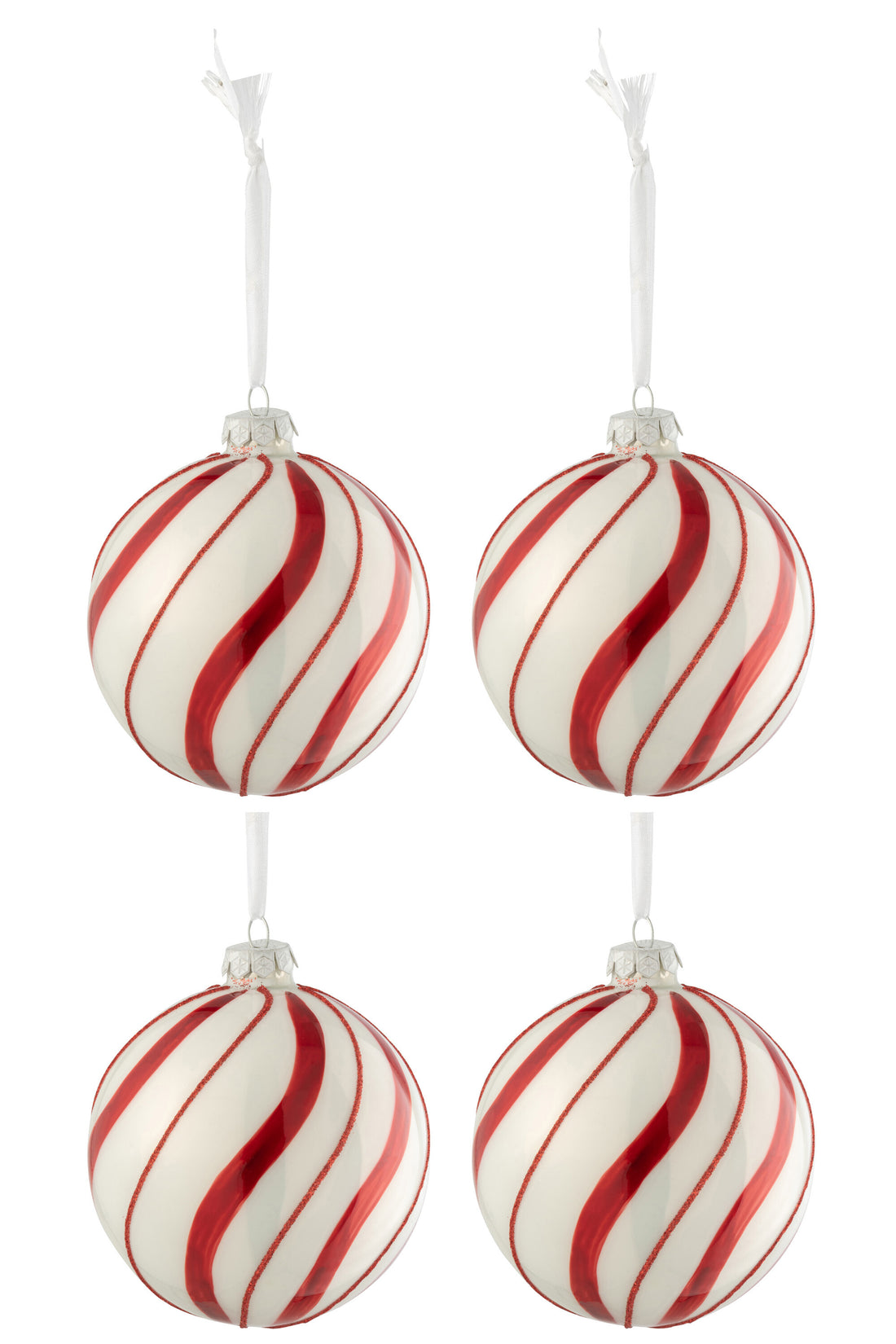 J-Line Doos met 4 kerstballen met draaiende lijnen, rood