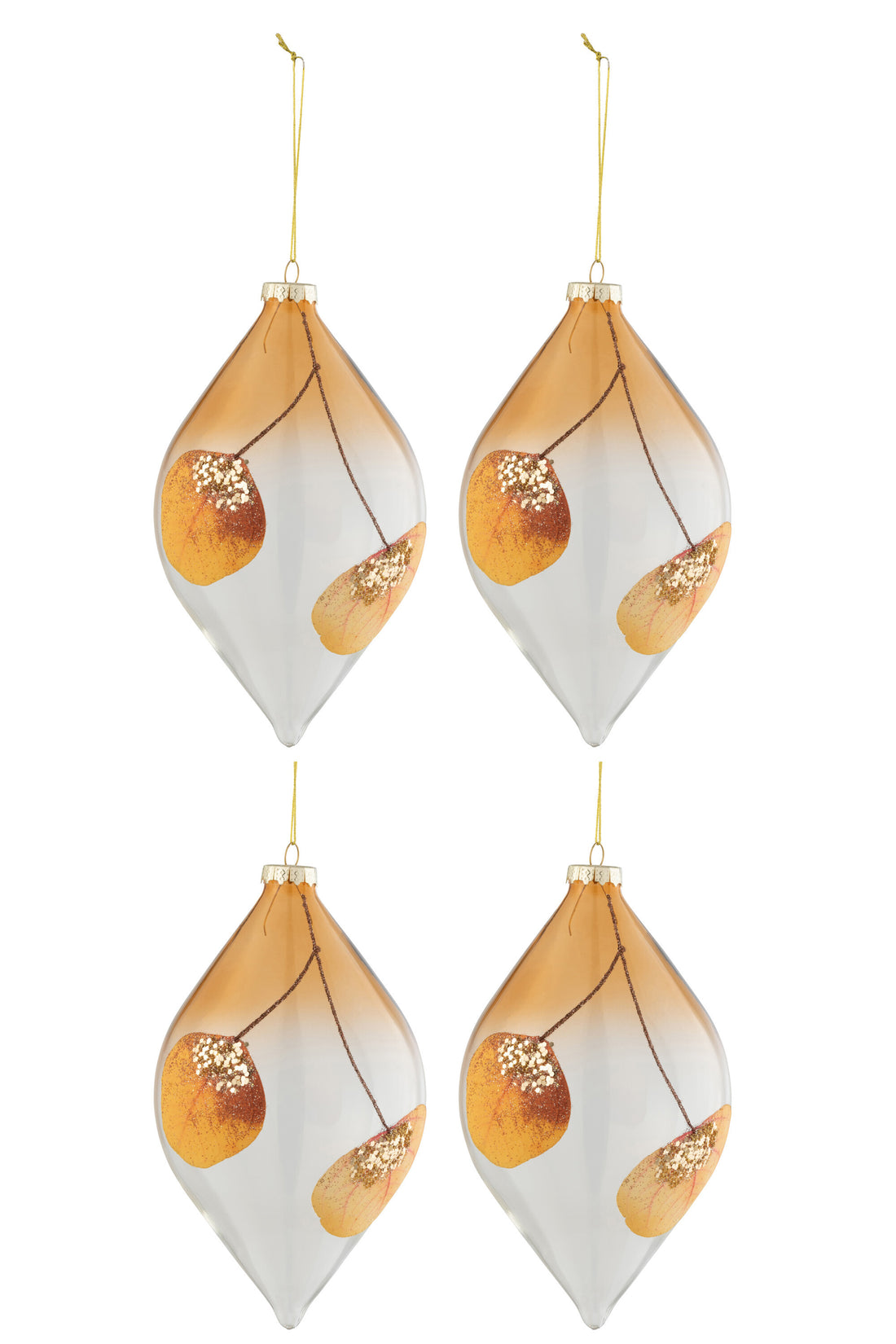 J-Line Box Of 4 Christmas Baubles Drop Dried Leaf Ochre+Glitter Glass Transparent