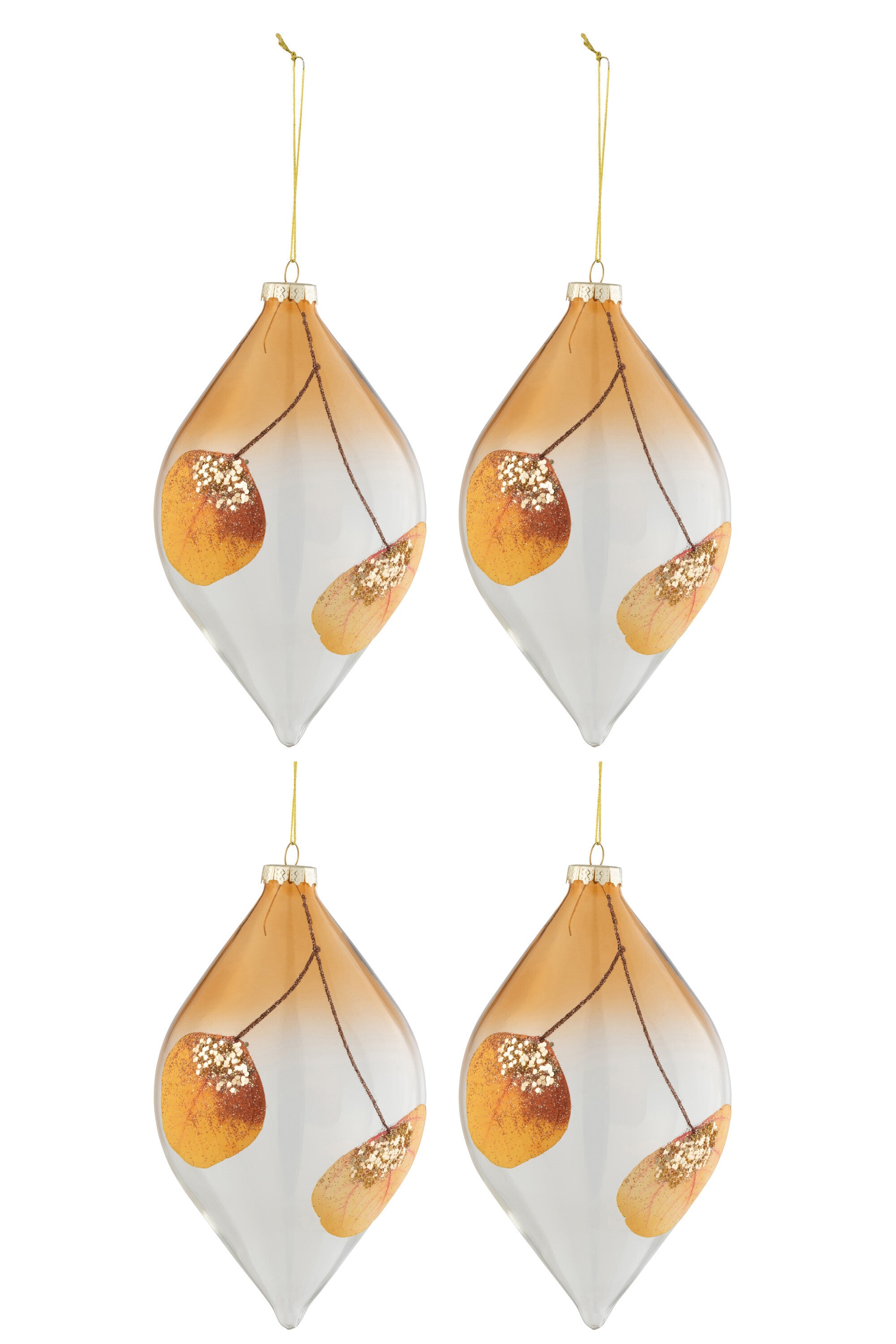 J-Line Box Of 4 Christmas Baubles Drop Dried Leaf Ochre+Glitter Glass Transparent