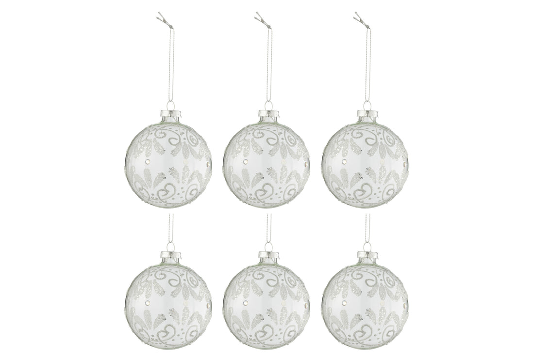 J-Line Box Of 6 Christmas Baubles Curls Glitter Silver Glass Transparent Small