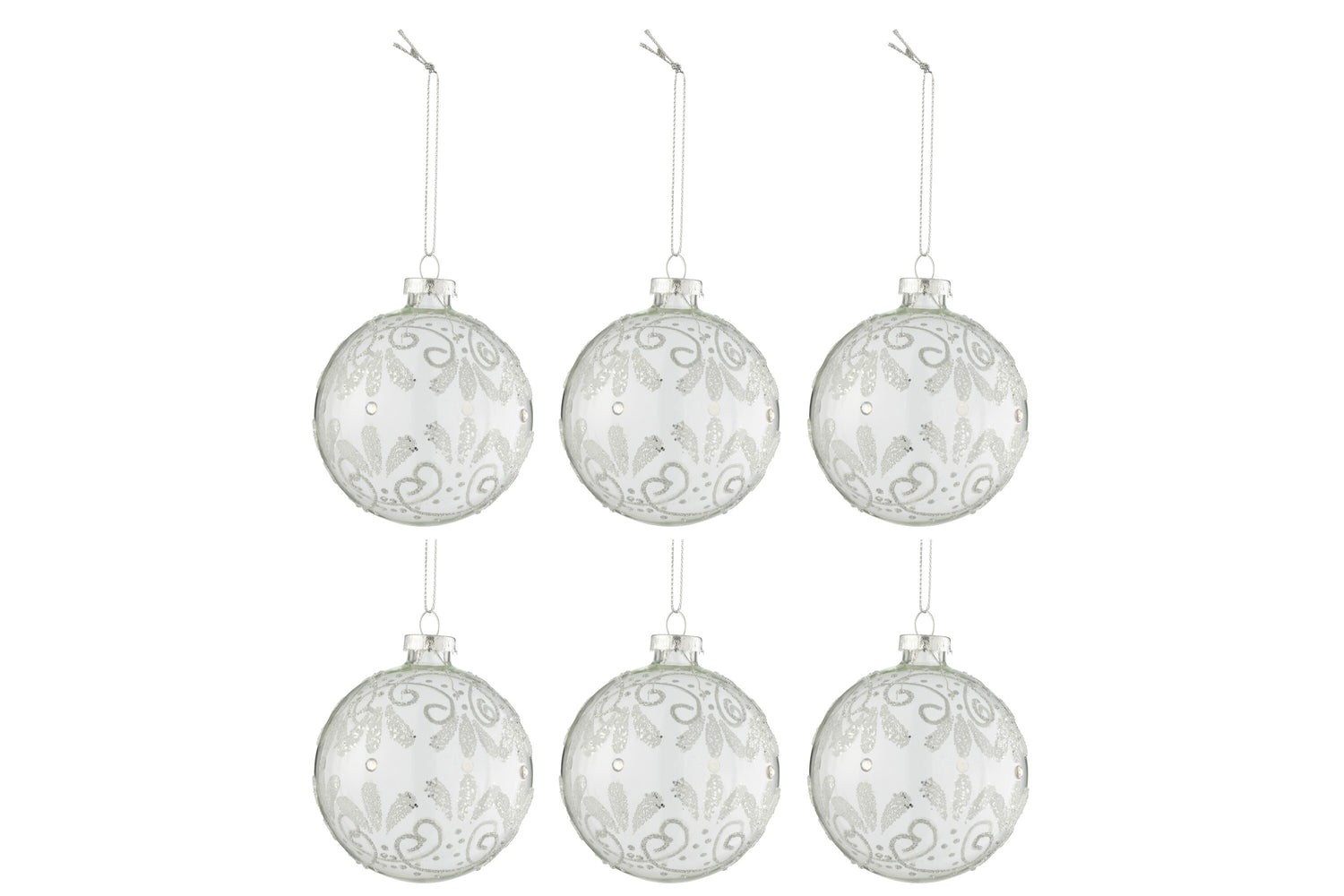 J-Line Box Of 6 Christmas Baubles Curls Glitter Silver Glass Transparent Small