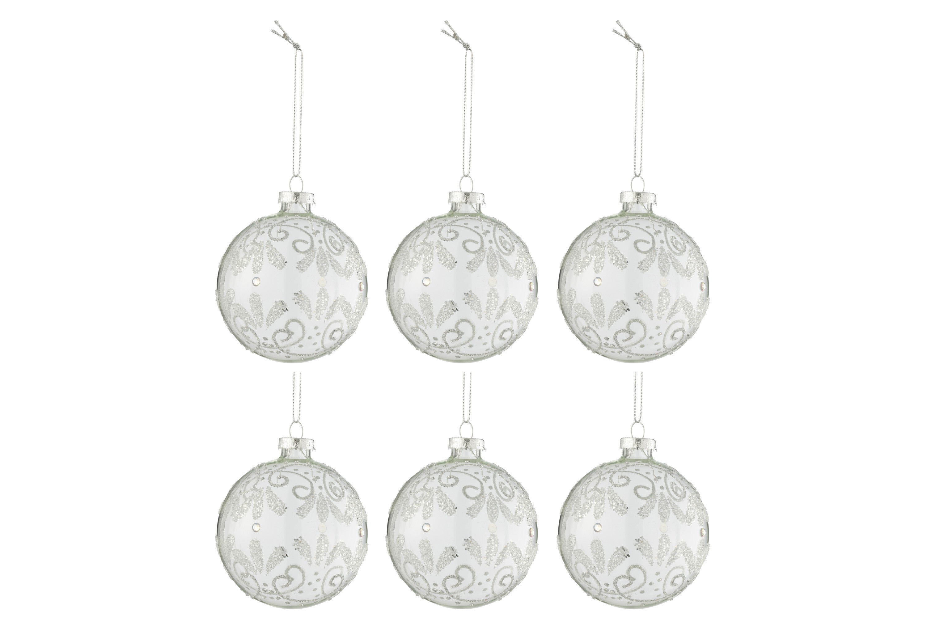 J-Line Box Of 6 Christmas Baubles Curls Glitter Silver Glass Transparent Small