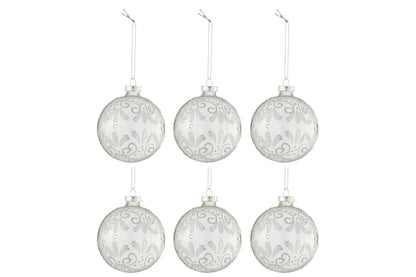 J-Line Box Of 6 Christmas Baubles Curls Glitter Silver Glass Transparent Small