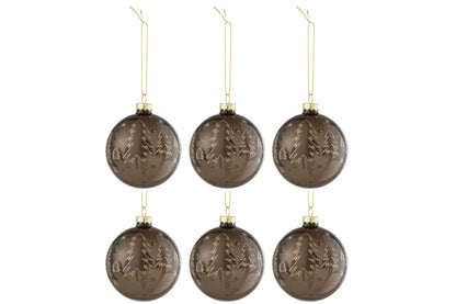 J-Line Doos met 6 kerstballen Kerstbomen Bruin Glas Bruin Klein