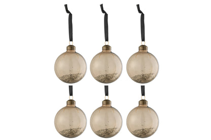 J-Line Doos met 6 kerstballen glitter binnenin glas bruin