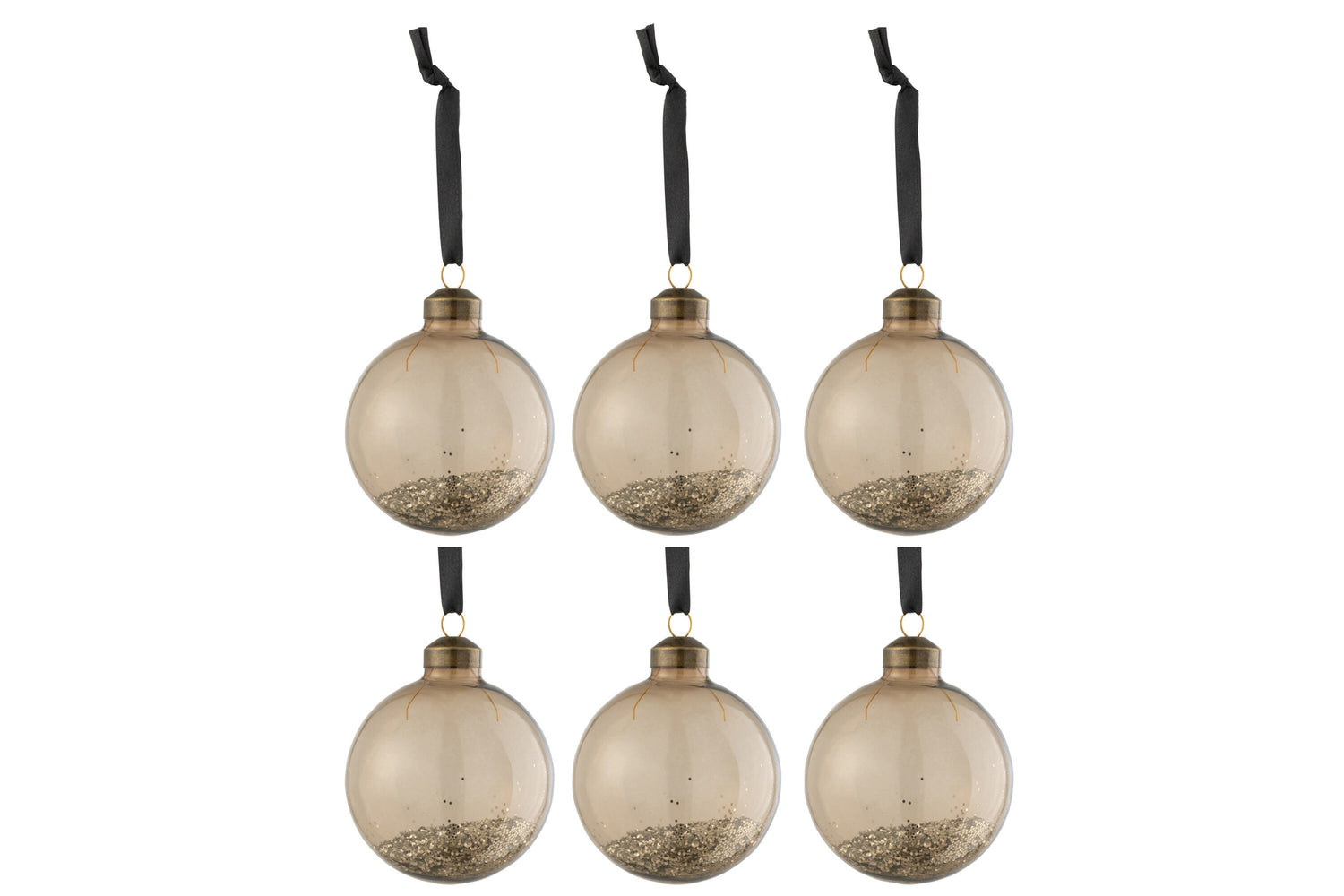 J-Line Doos met 6 kerstballen glitter binnenin glas bruin