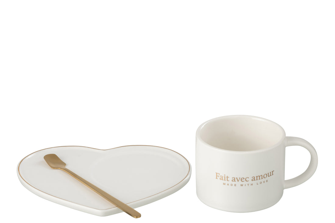 J-Line Kop + Schotel + Lepel Hart Porselein Frans Wit