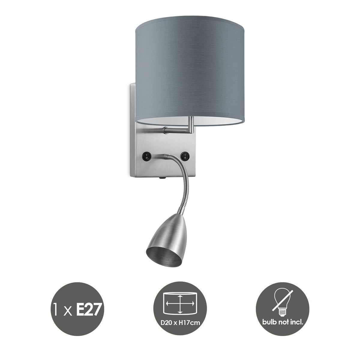 Wandlamp - Read, LED Leeslamp, E27, grijs 20cm