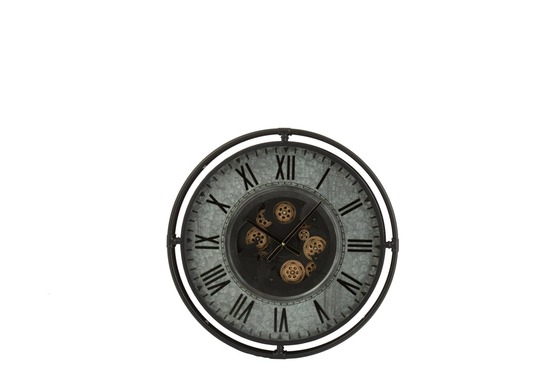 Klok met metalen rand, Romeinse cijfers, metaal grijs/zwart/goud, klein.