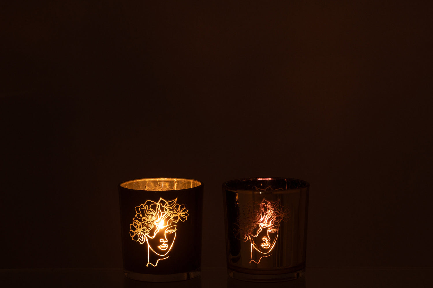 Theelichthouder Lady Hair Flowers Glas Zwart/Goud Klein Assortiment Van 2