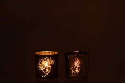 Theelichthouder Lady Hair Flowers Glas Zwart/Goud Klein Assortiment Van 2
