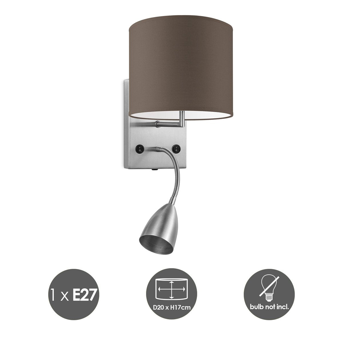 Wandlamp - Read, LED Leeslamp, E27, taupe 20cm