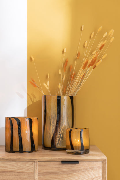 J-Line lantaarn Strepen Safari - glas - zwart/bruin - medium