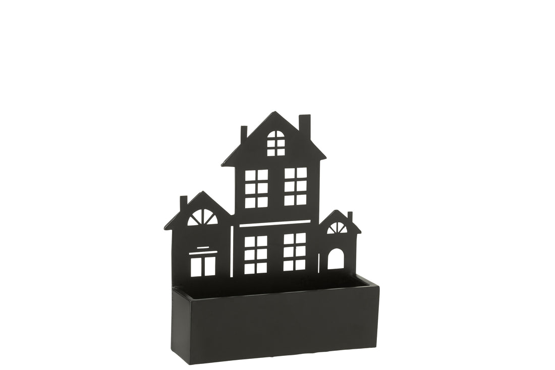 Wanddecoratie/Bloempot Huis Metaal Zwart Klein