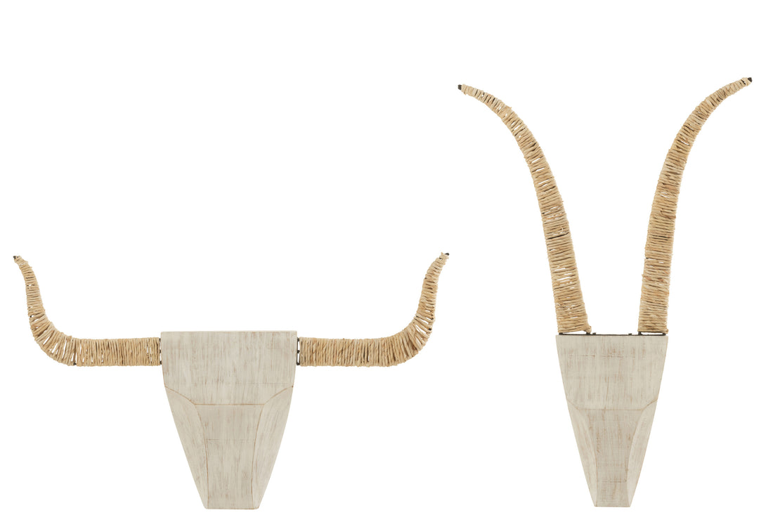 Set van twee wanddecoraties Stier Sparrenhout/Riet Wit/Natuurlijk