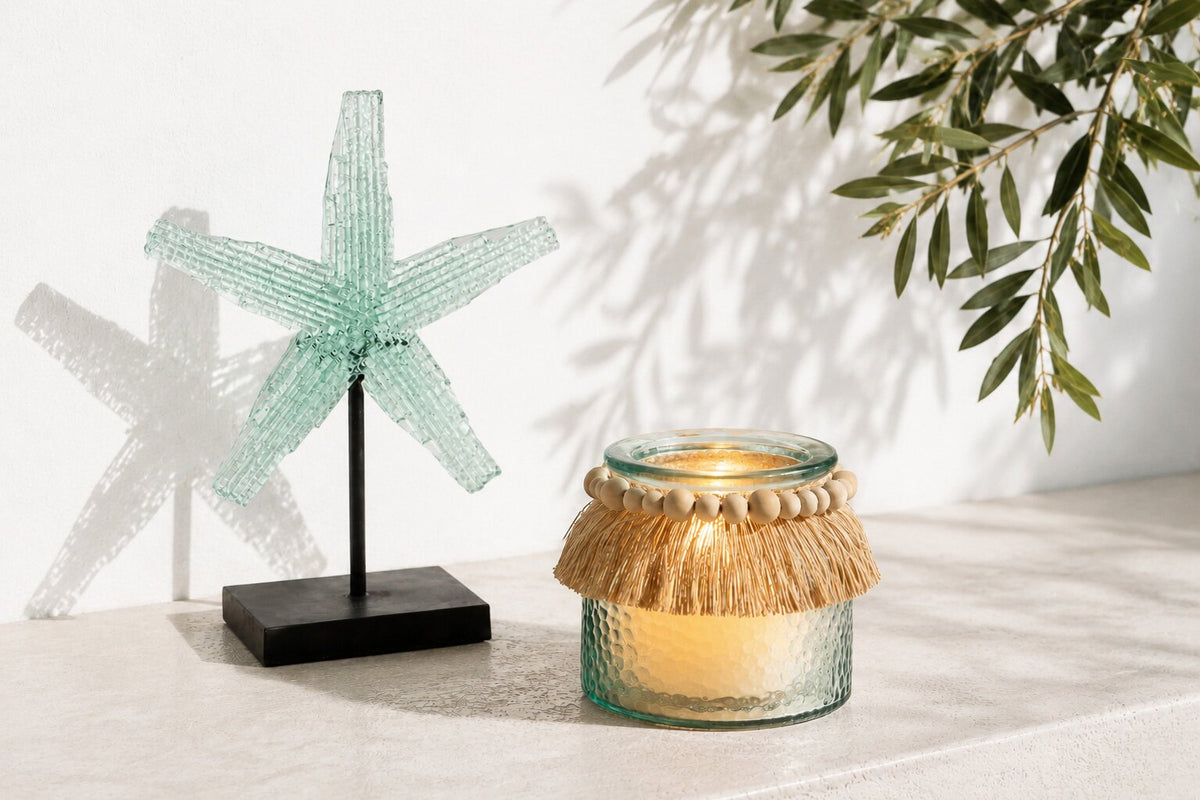 J-Line Theelichthouder Kralen Decoratie Glas Blauw Small
